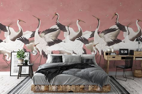 Crane Wallpaper, Peel And Stick Mural, Chinoiserie Art, White Crane, Glossy Paint, How To Hang Wallpaper, Crane Bird, Chinoiserie Wallpaper, Tropical Wallpaper