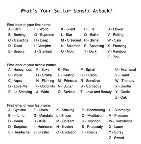 Sailor Moon Attack Generator. Silent Aqua Scream. (A descendent of Saturn/ Mercury perhaps?!) Sailor Name, Sailor Moon Love, Birthday Scenario Game, Scenario Game, Birthday Scenario, Name Game, Sailor Neptune, Name Games, Fire Flower