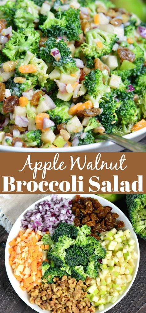 The BEST Broccoli Salad. This broccoli salad is made with apples, walnuts, raisins, cheese crumbles, and red onions. A perfect addition to picnics, potlucks, and outdoor parties. #sidedish #broccoli #potluck #broccolisalad Broccoli Walnut Salad, Apple Broccoli Salad Recipe, Brocolli Apple Salad Recipes, Broccoli Apple Pecan Salad, Brocolli Salad With Apples, Apple Broccoli Salad, Broccoli Salad With Cranberries, Broccoli Salad Recipe, Broccoli Cauliflower