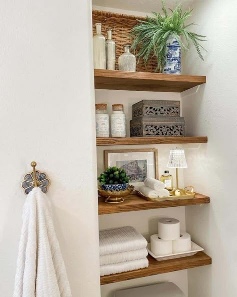 Over Toilet Built In Storage, Bathroom Shelves Next To Toilet, Built In Behind Toilet, Bathroom With Shelves Above Toilet, Toilet Nook Decor, Floating Shelf Over Toilet, Bathroom Shelving Ideas Over Toilet, Window Above Toilet, Above Toilet Shelves