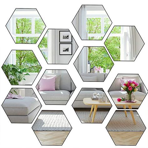 Aneco 24 Sheets Flexible Mirror Sheets Mirror Wall Stickers Self Adhesive Plastic Mirror Tiles for Home Decor, 6 Inch by 6 Inch (Hexagon Side 3.5 Inch) 3d Mirror Wall Stickers, Diy Wall Decals, 3d Mirror, Attic Room, Tile Decals, Mirror Ideas, Removable Wall Stickers, Cool Mirrors, Mirror Stickers