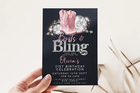 Boots and Bling Invitation Cowboy Boots Birthday Invite Glitter Ball Diamonds Editable Invite Printable Bridal Shower Invite image 1 Boots And Bling Party, Hot Wheels Party, Glitter Ball, Boot Bling, Birthday Invite, Editable Invitations, 21st Birthday, Diy Party, 40th Birthday