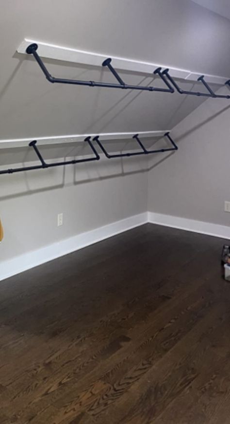 Wardrobe Sloping Ceiling, Attic Bedroom Closet Ideas, Closet With Angled Wall, Dormer Closet Ideas Slanted Ceiling, Attic Bedroom Wardrobe, Angle Ceiling Closet, Slanted Closet Organization, Knee Wall Closet Slanted Ceiling, Attic Closet Ideas Angled Ceilings Slanted Walls Storage