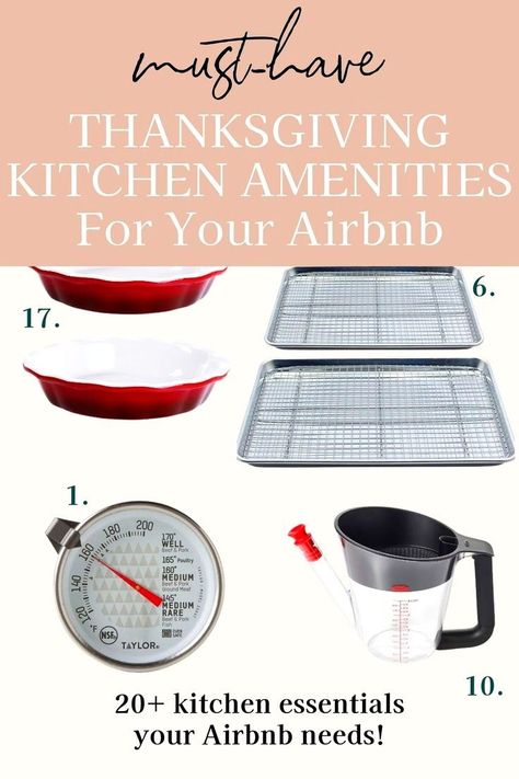 Prepare your Airbnb for Thanksgiving guests with all the essential Airbnb kitchen amenities! As an Airbnb host, you want your guests to have the best possible experience while staying at your place, especially during the Thanksgiving holiday. I've put together a list of vacation rental Thanksgiving kitchen must-haves that your guests will truly appreciate! This Airbnb Thanksgiving kitchen checklist will surely help you achieve that superhost status! Mountain Cabin Kitchen, Rental Kitchen Ideas, Kitchen Amenities, Airbnb Amenities, Airbnb Decor Ideas, Airbnb Kitchen, Kitchen Checklist, Vacation Rental Business, Airbnb Apartment