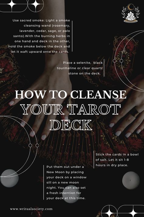 Cleansing a Tarot deck is a ritual or process that can help clear the deck of any lingering energies and attune it to your own energy or the universal energies. Here are a few methods you can use to cleanse your Tarot deck: 💨 Use sacred smoke 🪨 Place a selenite, black tourmaline or clear quartz stone on the deck. 🍚 Stick the cards in a bowl of salt. Let it sit 1-8 hours in dry place. 🌚 Put them out under a New Moon by placing your deck on a window sill. Inner Self, Spiritual Connection, Tarot Deck, Spiritual Practices, Grow Your Own, Black Tourmaline, New Moon, Tarot Decks, Quartz Stone