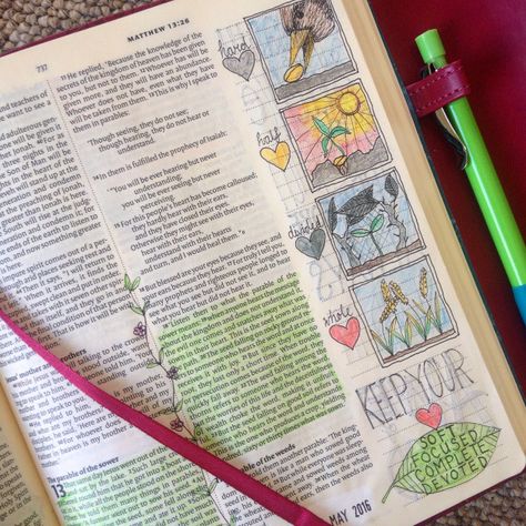 Parable Of The Sower Art, Matthew 13 Bible Journaling, Bible Journaling Drawings, Matthew Bible Journaling, Bible Journaling Matthew, Bible Decorating, Bible Journal Matthew, The Parable Of The Sower, Bible Parables