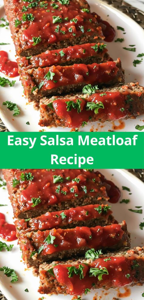 Quick and flavorful Salsa Meatloaf for a busy night. Recipe Using Salsa, Salsa Meatloaf, Gluten Free Salsa, Meatloaf Burgers, Meatloaf Recipes Healthy, Traditional Meatloaf, How To Make Meatloaf, Easy Salsa, Best Meatloaf