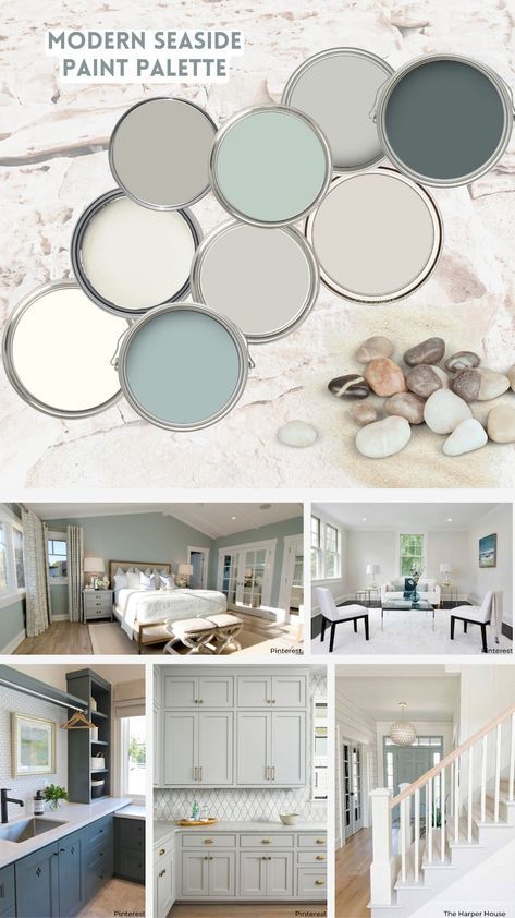 Coastal Green Paint, 2025 Bedroom Color Trends, Cap Cod Style Homes Interior Design, Green Paint Palette, Blue Coastal Living Room, Coastal Lake House, Beach House Color Palette, Salt Paint, House Color Palette