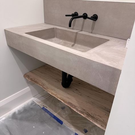 Powder Room Concrete Sink, Floating Countertop Powder Room, Floating Sink Powder Room, Floating Concrete Sink, Concrete Sink Bathroom, Floating Countertop, Cement Sink, Basketweave Tile, Concrete Vanity Top