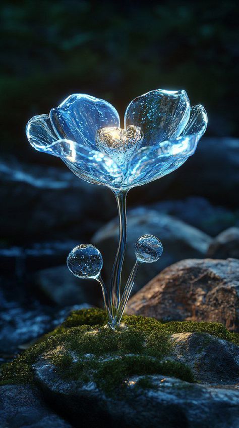 Prompt 👉glass flower sitting on top of a cliff, digital art, by Mari Bashkirtseva, glowing drop threads, mobile wallpaper, beautiful glass work, blue - petals, poppy, transparent hydrogen. beautiful, glass skin, bubbles in glass, sun rays, play of light with glass, glitter and reflection, on top of the mountains, stunning screenshot, mobile wallpaper, Renee Lalique, complex and intricate, crystal clear, incredibly beautiful wallpaper 👉 if Like, please Follow and Share AI Graphics Studio 👇Con... Wallpaper Beautiful, Glass Glitter, Glowing Art, Glass Work, Beautiful Wallpaper, Girly Art Illustrations, Sun Rays, Glass Skin, Crystal Flower