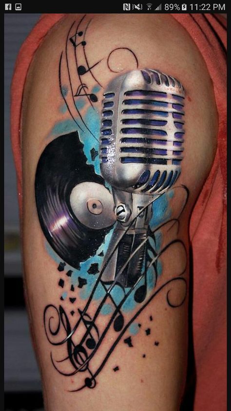 Tattoo Shoulder Blade, Mic Tattoo, Dj Tattoo, Rockabilly Tattoos, Microphone Tattoo, Music Tattoo Sleeves, Rockabilly Tattoo, Music Notes Tattoo, Tattoo Music