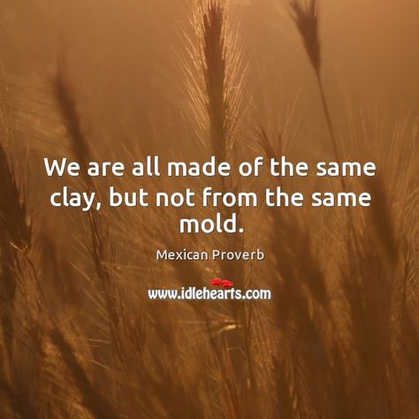 We are all made of the same clay, but not from the same mold. ‒ Mexican proverb. Mexican Proverbs Quotes, Clay Quotes, Pottery Quotes, Mexican Sayings, Pokemon Types, Mexican Proverb, Spanish 101, Spring Luncheon, Art Sayings