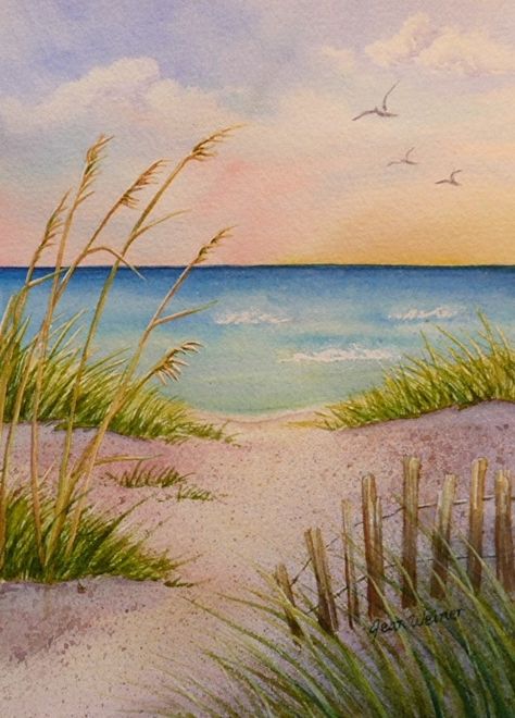 Step By Step Watercolor Beach Scenes Painting, Beach Shore Drawing, Beachy Paintings, Thing To Paint, Beach Scene Painting, Beach Drawing, Beach Paintings, Watercolor Beach, Step By Step Watercolor