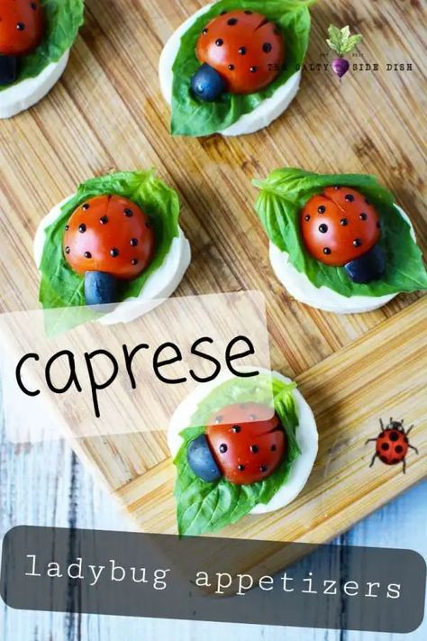 Bug Party Food, Ladybug Appetizers, Ladybug Snacks, Ladybug Food, Caprese Salad Appetizer, Bug Food, Bug Snacks, Salty Side Dish, Salad Appetizer