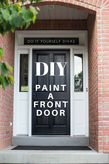 do it yourself divas: DIY How to Refinish Front Door. Black front door on a red brick house. White door frame. White sidelights. Best Sherwin williams black paint color. Black Front Door White Trim, Door Color On Red Brick House, Front Door Ideas For Brick House, Black Front Door And Shutters, Diy Black Front Door, Black Front Door White Sidelights, Black Door Red Brick House, Black Front Door White House, Red Brick Black Door