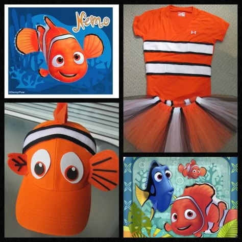 Nemo Costume More Diy Nemo Costume Women, Clown Fish Costume Diy, Halloween Fish Costume, Finding Nemo Diy Costume, Diy Finding Nemo Costume, Clown Fish Costume, Diy Nemo Costume, Nemo Costume Diy, Finding Nemo Jr Costumes