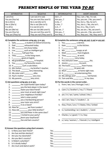 To Be Verbs Worksheet, Be Verbs Worksheet, To Be Worksheet For Kids, Simple Present Worksheet, To Be Present Simple, Verb To Be Worksheets, Worksheet For Adults, English Vocabulary List, Verbo To Be