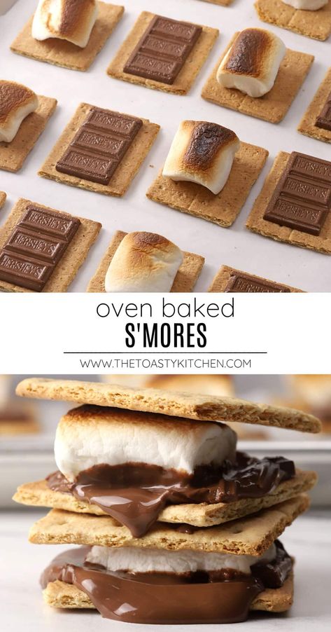 Oven baked s'mores recipe by The Toasty Kitchen. Enjoy a gooey s'more any time of year by making oven baked s'mores. They're the perfect treat for parties and sleepovers and are ready in minutes! #smores #ovenbakedsmores #roastedsmores #smoresintheoven #5minutedessert Baked Smores Oven, Oven Smores Recipes, Smores Baked In Oven, S’mores Recipe Oven, Taste Of Home Mini Smores, S’mores Oven Baked, S’mores Nachos In Oven, S’mores Oven Easy, Oven Smores