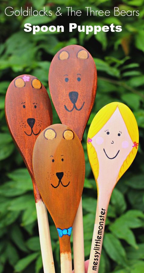 Messy little Monster: Goldilocks and the Three Bears Wooden Spoon Puppet Craft for Kids : Perfect for pretend play Spoon Puppets, Wooden Spoon Puppets, Wooden Spoon Crafts, Puppet Craft, Story Sack, Spoon Crafts, Goldilocks And The Three Bears, The Three Bears, Puppet Crafts