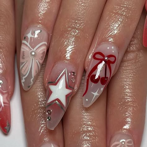 chelle da nail artist on Instagram: "Pink & red bows for @mnghieem Inspo: @oaklestudio 🍒 w my own twist" Insta Nails, Bow Nails, 2023 Pink, December Nails, Cherry Nails, Y2k Nails, Classy Acrylic Nails, Red Nail Designs, December 17