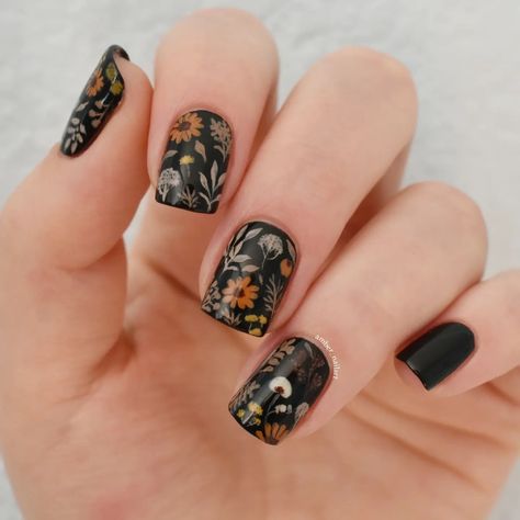 Nail Art by Amber | Moody Autumn Floral . . . . Products Used: @zoyanailpolish 'Willa', 'Spencer', 'Chanelle', 'Jacqueline, 'Dionne', 'Naked Manicure' top… | Instagram Black Flowers Nail Designs, Black Background Nails, Floral Autumn Nails, Nail Art Floral Designs, Moody Floral Nails, Black And Floral Nails, Black Floral Nail Designs, Moody Nail Art, Nature Nail Ideas