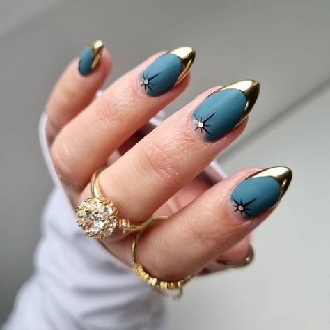 Witchy Nail Designs Almond, Blue Nails Gold Tips, Ska Punk Nails, Jewel Tone Nail Art, Witchy Gel Nails, Luna Moth Nails, Evil Nail Art, Nail Designs Witchy, Wizard Nails