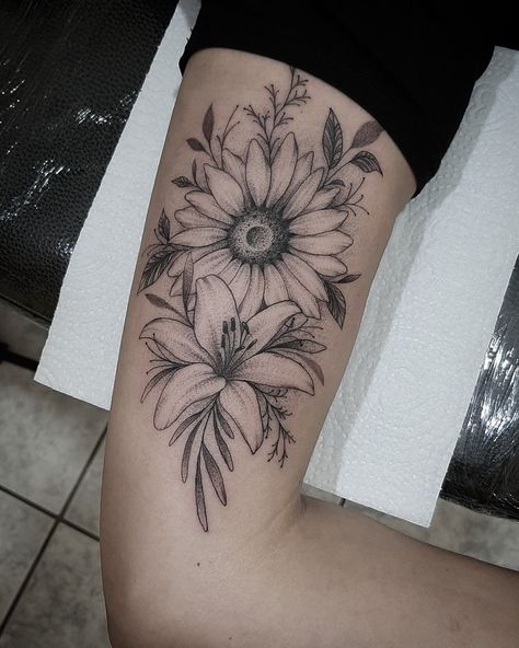 Water Lily And Sunflower Tattoo, Lily And Sunflower Tattoo Design, Tiger Lily And Sunflower Tattoo, Sunflower Lily Tattoo, Lilly And Daisy Tattoo, Lily Sunflower Tattoo, Daisy And Lily Tattoo, Lily And Daisy Tattoo, Sunflower And Lily Tattoo