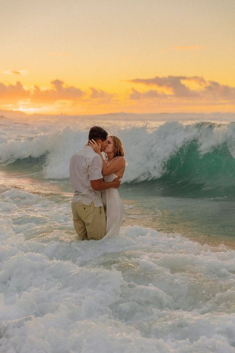 Oahu Couple Photoshoot, Engagement Ocean Photos, Wedding Photos In Water, Dreamy Beach Engagement Photos, Engagement Photos At Beach, Beach Elopement Photography, Ocean Engagement Photos, Engagement Photos Hawaii, Sunset Beach Engagement Photos