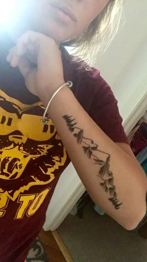 Exterior Forearm Tattoo, Forarm Tattoos Mountain, Horizontal Forearm Tattoo Women, Mountain Range Forearm Tattoo, Mountains Forearm Tattoo, Long Mountain Tattoo, Forearm Tattoo Women Mountains, Mountain Tattoo On Forearm, Inner Arm Mountain Tattoo