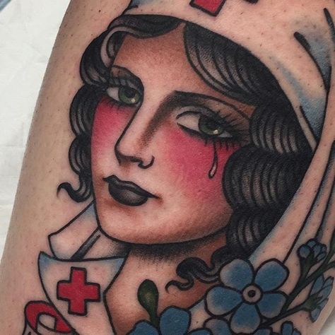 Devoted Nurse via instagram jon_ftw #nurse #flowers #traditional #color #jonftw #portrait #americantraditional | Sep 14th 2016 | 188288 Traditional Tattoo Nurse, Traditional Sailor Tattoos, Pin Up Girl Tattoo, Nurse Tattoo, Marquesan Tattoos, Traditional Tattoo Sleeve, Ship Tattoo, Traditional Tattoo Art, Book Tattoo