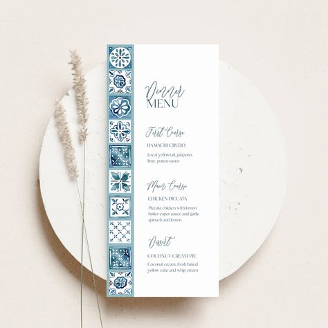 "What you get.... - INSTANT DOWNLOAD TEMPLATE 4x9 Dinner Menu - This is a downloadable item that you can EDIT and PRINT yourself - Once purchased you will receive a link from Corjl with the template This is another piece in the Mediterranean wedding series, unique blue and white Italian style tiles hand painted by me! Perfect for a mediterranean themed wedding.  You can DEMO this template here: https://www.corjl.com/d/696K37 THIS IS A DIGITAL PRODUCT, YOU WILL NOT RECEIVE ANYTHING IN THE MAIL PRINTING We highly recommend printing with a professional printer on nice cardstock. You can print from home but a professional printer can produce a much more high quality product and make sure the edges are cut nice and straight ;) With your purchase you receive a PDF document with several suggestio Greek Restaurant Menu Design, Print Menu Design, Mediterranean Menu Design, Greek Menu Design, Mediterranean Wedding Theme, Greek Style Wedding, Sea Wedding Theme, Mosaic Wedding, Greek Menu