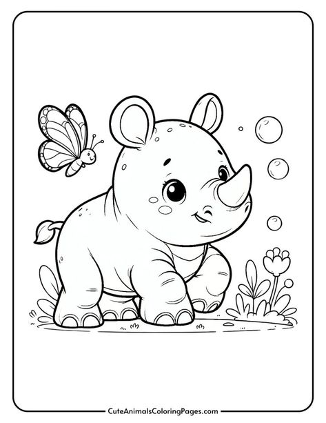 Cute cartoon rhinoceros smiling in a garden, surrounded by flowers and bubbles, with a butterfly flying nearby. Ideal for children's coloring activities. Rhino Coloring Pages, Rhino Drawing, Zoo Drawing, Cute Animals Coloring Pages, Jungle Coloring Pages, Zoo Animal Coloring Pages, Cute Animals Coloring, Rhino Art, Elephant Coloring