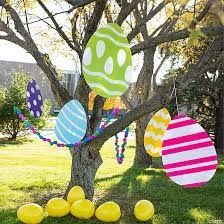 Outdoor Easter Decorations & Yard Decor | Oriental Trading Company Hanging Easter Decorations, Outdoor Easter Decorations Yards, Easter Outside Decorations, Easter Tree Diy, Easter Egg Hunt Clues, Easter Yard Decorations, Easter Chick Craft, Giant Easter Eggs, Easter Egg Decorations