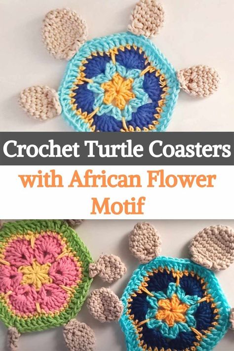 These crochet coasters are some of the cutest you'll ever see! An easy project perfect for beginning crocheters. You will start with an African flower motif in the center of your shell and you will make the body of your turtle around it, this technique will give them an incredible final look full of bright colors to decorate your home. Sea turtle crochet patterns are simply beautiful and some might say they are also a wonderful way to remind all ages to protect our oceans and all marine life... Sea Turtle Crochet Coaster Pattern, Turtle Granny Square Crochet Pattern, African Flower Turtle Crochet Pattern, Turtle Granny Square Crochet, Beach Blanket Crochet, Sea Turtle Crochet, Crochet Turtle Pattern, Crochet African Flowers, Turtle Crochet