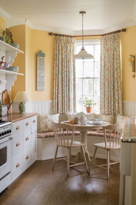 Yellow Farmhouse Dining Room, Cozy Yellow Kitchen, Yellow Cottagecore Kitchen, Yellow Kitchen Walls With Wood Cabinets, Yellow Accent Wall Kitchen, Yellow Theme Kitchen, Kitchen Ideas Yellow Walls, Yellow Kitchen Walls With White Cabinets, Yellow Dining Room Walls