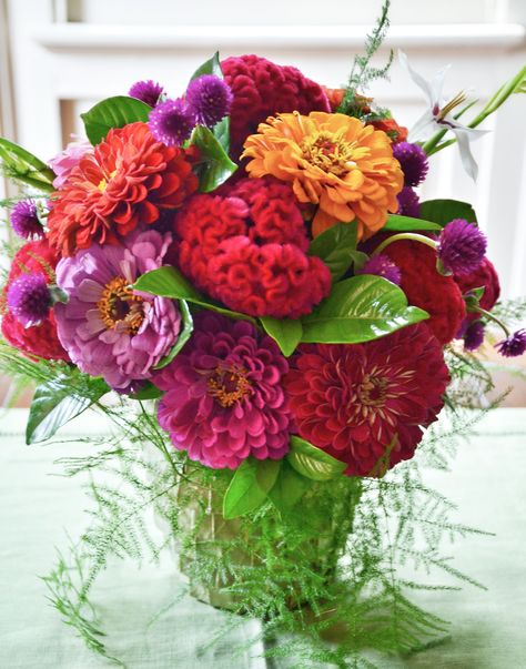 Summer Bouquet, featuring celosia and zinnias  in a natural container Coxcomb Bouquet, Zinnia Arrangements, Zinnia Wedding Bouquet, Celosia Flower, Zinnia Bouquet, Farmers Market Flowers, Market Flowers, Dream Farmhouse, Vibrant Bouquet