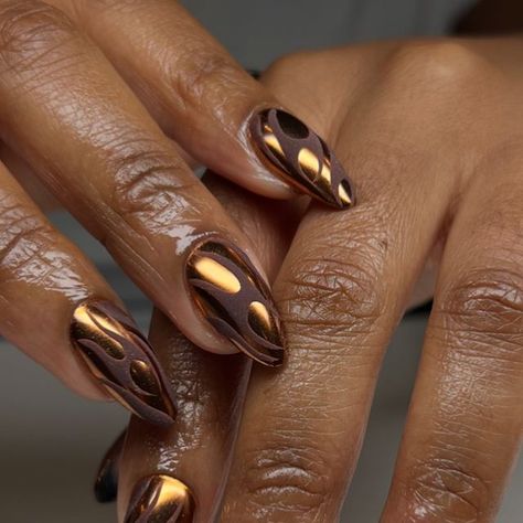 Short Nail Abstract Designs, Abstract Autumn Nails, Fall Nail Inspo Black Women, Holiday Mani Pedi Combo, Fall Gel Polish Nails, Chrome Sweater Nails, Henna Inspired Nails, Desert Inspired Nails, November Almond Nails Ideas