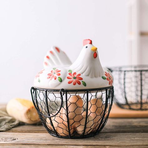 Chicken Wire Basket, Wire Egg Basket, Ceramic Chicken, Ceramic Egg, Ceramic Rooster, Egg Storage, Metal Baskets, Egg Basket, Colorful Ceramics