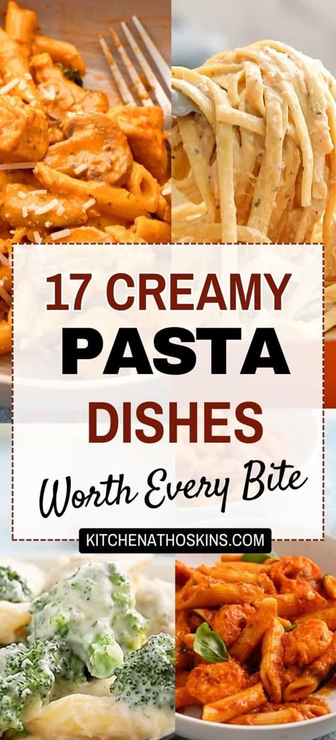 Discover easy creamy pasta recipes for dinner that are quick, ready in 30 minutes and make easy homemade meals for family dinner. You will find homemade dishes with cream sauces such as alfredo, red, pink, white or tomato sauce, made using chicken, shrimp, salmon, seafood or vegetarian recipes. Get the best creamy pasta dishes at kitchenathoskins.com. Easy Dinner Recipes Pasta No Meat, Pasta With White Sauce Recipe, Pasta Creamy Recipes, Sour Cream Pasta Recipes, Creamy Rotini Pasta Recipes, Red Cream Sauce Pasta, Alfredo And Red Sauce Pasta Bake, Soft Pasta Recipes, Creamy Noodle Recipes