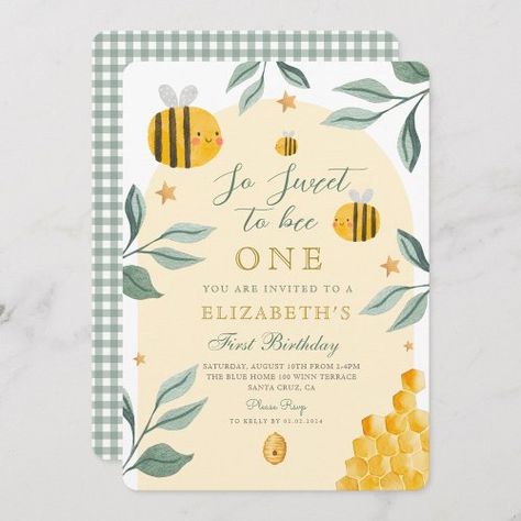 $2.14 | Watercolor So Sweet to bee honey 1st Birthday - watercolor, sweet, bee, honey, 1st, birthday, first birthday, one, sweet to be, green Bee 1st Birthday, Sweet As Can Bee, Baby Birthday Decorations, Bee Day, 1st Birthday Invitation, First Birthday Themes, Bee Honey, Birthday Template, Watercolor Invitations