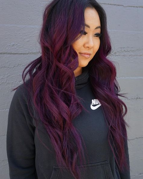 @redken chromatics 5vv to deposit and a plum over lay at the bowl. Hair Dye On Blonde Hair, Hair Color On Black Hair, Color On Black Hair, Dark Plum Hair Color, Plum Hair Color Ideas, Plum Hair Dye, Plum Hair Color, Berry Hair, Color Uva