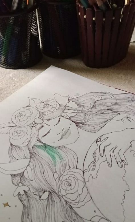 Aesthetic sketch of mother Earth drawing girl tutorial INSP inspiration Earth Drawing Aesthetic, Mother Earth Drawing, Earth Drawing, Aesthetic Sketch, Earth Drawings, Front Page Design, Drawing Aesthetic, Girl Drawing, Page Design