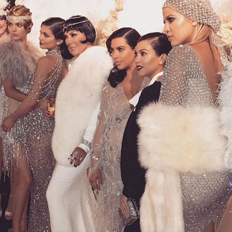 Kardashians & Jenners from Kris Jenner's Great Gatsby-Themed 60th Birthday Party  "1920's Squad! (my shawl is faux fur before you hatin ass hoes even start...Let me remind you. Happy hoes ain't hatin' and hatin' hoes ain't happy," Khloe Kardashian wrote on Instagram. Kris Jenner Birthday, Roaring 20s Party Outfit, Great Gatsby Outfits, Gatsby Party Outfit, Gatsby Outfit, Gatsby Party Dress, Gatsby Look, Great Gatsby Themed Party, 20s Wedding