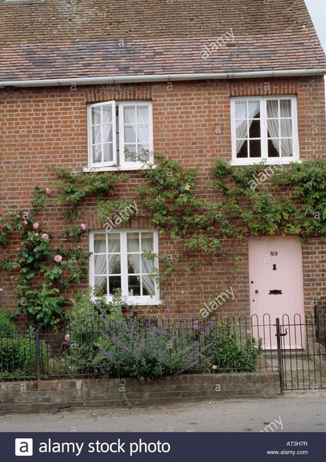 Victorian Front Garden, Cottage Front Doors, Pink Front Door, Brick Cottage, Iron Railings, Cottage Door, Climbing Rose, Pink Cottage, Red Brick House