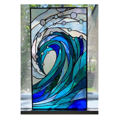 Stained Glass Seascape Pattern, Mosaic Waves Ocean, Water Stained Glass Patterns, Sea Stained Glass Pattern, Ocean Glass Art, Beach Themed Stained Glass Patterns, Ocean Glass Painting, Stained Glass Ocean Waves, Ocean Mosaic Ideas