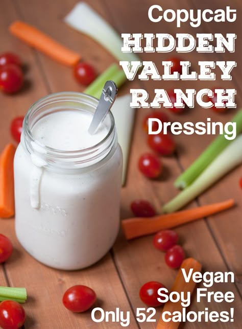 Copycat Hidden Valley Ranch Dressing - Vegan, Soy Free, and only 52 calories! All you need is 5 minutes and a blender. Lactose Free Ranch Dressing, Dairy Free Meals, Dairy Free Ranch, Vegan Copycat, Dairy Free Ranch Dressing, Hidden Valley Ranch Dressing, Vegan Ranch Dressing, Dairy Recipes, Soy Free Dairy Free