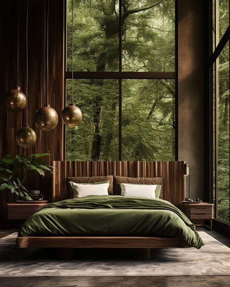 Nature Hotel Room, Gold Inspired Bedroom, Master Bedrooms Tropical, Biophillic Interiors Bedroom, Modern Nature Bedroom, Earthy Bedroom Decor Ideas, Dark Earth Tone Bedroom, Hotel Room Design Luxury Bedrooms, Luxury Green Bedroom