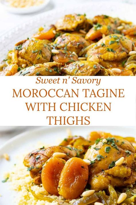 Chicken And Apricot Tagine, Moroccan Apricot Chicken, Instapot Moroccan Chicken, Chicken Tajin Recipes, Chicken Thigh Stew Recipes, Moroccan Chicken Thighs, Tangine Chicken Recipe, Morrocan Recipe, Tangine Chicken