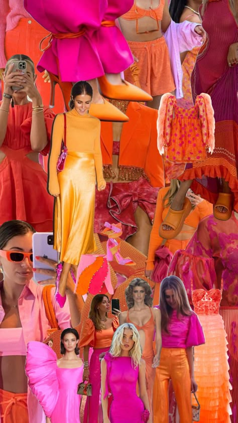 Pink And Orange Dress Combination, Bright Pink Outfit Aesthetic, Pink Orange Summer Aesthetic, Hot Pink Orange Outfit, Orange And Pink Party Aesthetic, Tequila Sunrise Dress Theme, Bright Pink And Orange Aesthetic, Sunset Colors Outfit, Pink And Orange Outfit Aesthetic