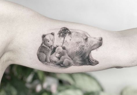 Mama Bear And Cubs Tattoo Sleeve, Animal Filler Tattoo, Bear And Cub Tattoo Mothers, Mama Bear Tattoo Ideas For Women, Mamma Bear Tattoo, Momma Bear And Cubs Tattoo, Bear And Cub Tattoo, Mama Bear And Cubs Tattoo, Bear Cub Tattoo